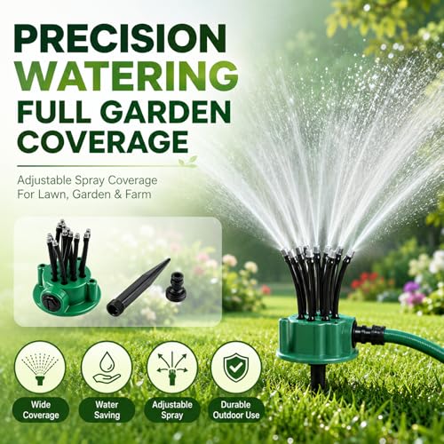 360° Coverage Precision Garden Irrigation Sprinkler, Rotating Multi-arm Roof Cooling System, Multi-Directional Lawn Sprinkler with Flexible Spray Nozzles, for Grass, Yard and Flower Bed (2Pcs)