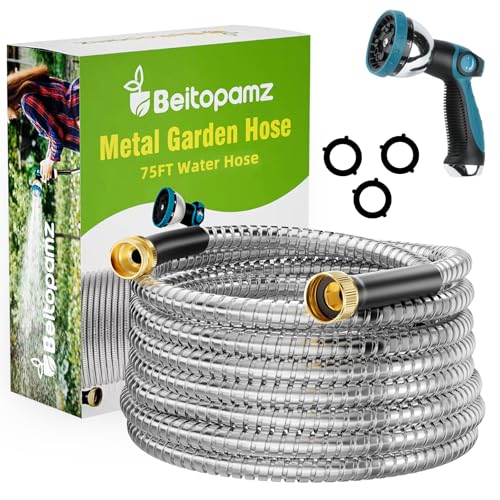 Beitopamz Metal Garden Hose 75 ft with Nozzle, Stainless Steel - size: 75 ft