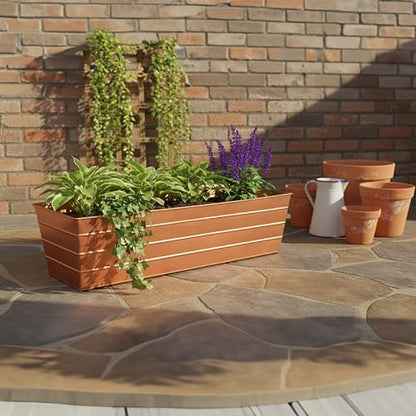 Rectangular Metal Flower Planter Box with Embossed Line Design, Large, Copper