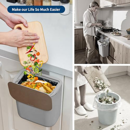2.4 Gal/9L Hanging Trash Can, Stainless Steel Compost Bin with Lid & Hook, Small Garbage Can for Kitchen Counter, Bathroom Sink, Office Desk, Space-Saving Rubbish Bin - Grey - size: 2.4 Gallon / 9 Liter