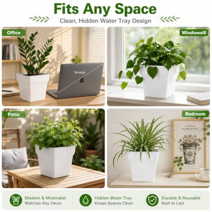 6-Pack 7 Inch Square Planters with Built-in Drainage Tray & Bottom Plug - color: White