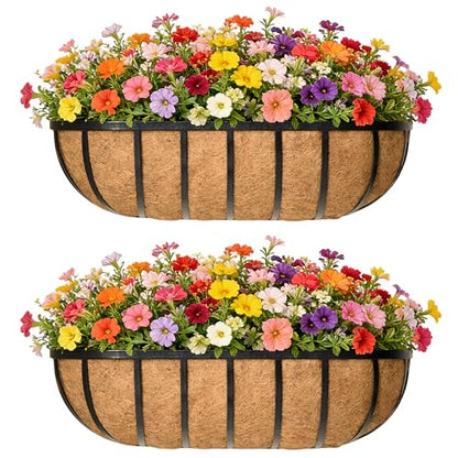 24 Inch Railing Planter Window Box Deck Balcony Rail Planter with Coco Liner Metal Wall-Mounted Coconut Liner Planter Basket English Horse Trough Planters for Outdoor Balcony Porch Fence (2 Pack) - size: 24 Inch