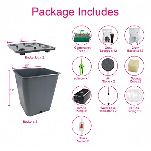 2 Hydroponic Buckets Kit for Plants, Hydroponics Growing System for Herbs/Tomato/Vegetables, DWC System with Air Pump & Germination Tray (Complete Indoor Hydroponic Gardening Supplies) - size: 2 Buckets Kit (Grey)