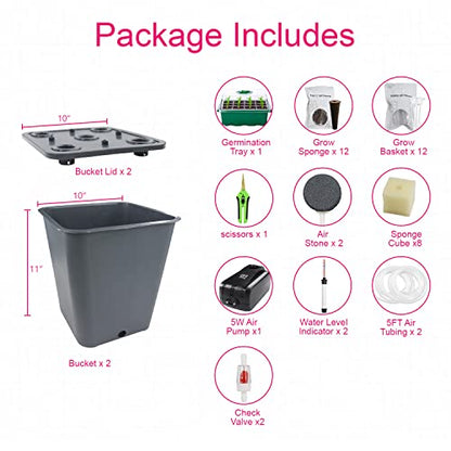 2 Hydroponic Buckets Kit for Plants, Hydroponics Growing System for Herbs/Tomato/Vegetables, DWC System with Air Pump & Germination Tray (Complete Indoor Hydroponic Gardening Supplies) - size: 2 Buckets Kit (Grey)