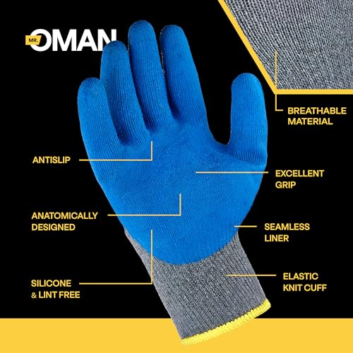 Oman Blue Latex Work Gloves, Double Dipped, XL, 6 Pairs