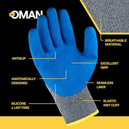 Oman Blue Latex Work Gloves, Double Dipped, XL, 6 Pairs