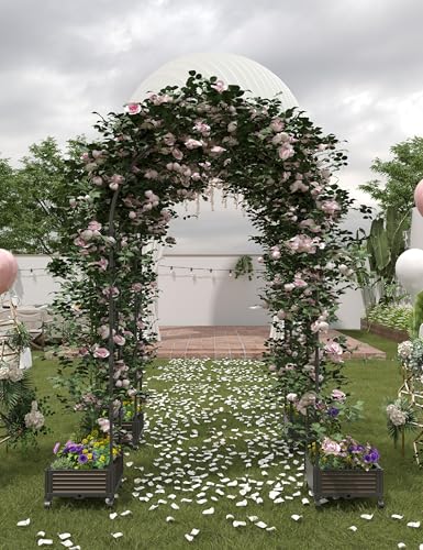 47" Rolling Garden Arch Trellis with Planter Box – Rustproof Metal Frame - size: Span 1.2