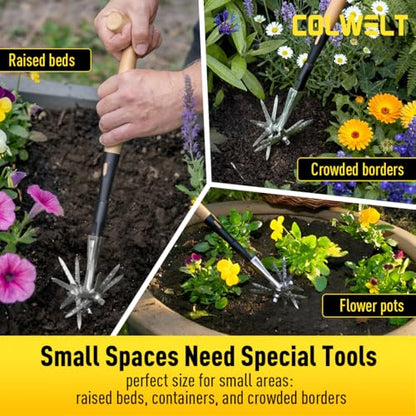 Colwelt Manual Rotary Cultivator, Single-Tine Aluminum Cultivators for Gardening, Garden Hand Tiller Manual with Ergo Wooden t-Handle, Hand Held Cultivator Tool For Flower Beds Cultivate, Aerate, Weed
