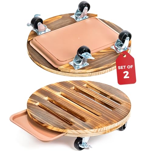 Bamworld Plant Caddy 12 Inch Wood Dolly with Drainage Tray 2 Pack - size: 12inch-Round-2pack-Tray