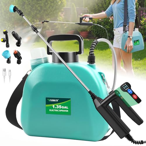 Battery Powered Sprayer 1.35 Gallon, 2026 Electric Garden Sprayer with 3 Adjustable Speeds, 4 Mist Nozzles, Rechargeable Handle, Retractable Wand with Adjustable Shoulder Strap for Weed Lawn(Green) - color: Green, size: 1.35 Gallon