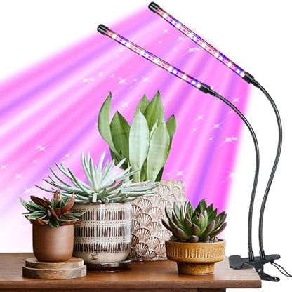 Indoor Plant Grow Light, Full Spectrum Clip Plant Lamp with Red, Blue, White Light, Plant Growing Light with Adjustable Gooseneck, 4/8/12/18H Timer, 10 Brightness Levels, 3 Lighting Modes, 2 Head - size: Red+Blue+White-2 Head 1Pack