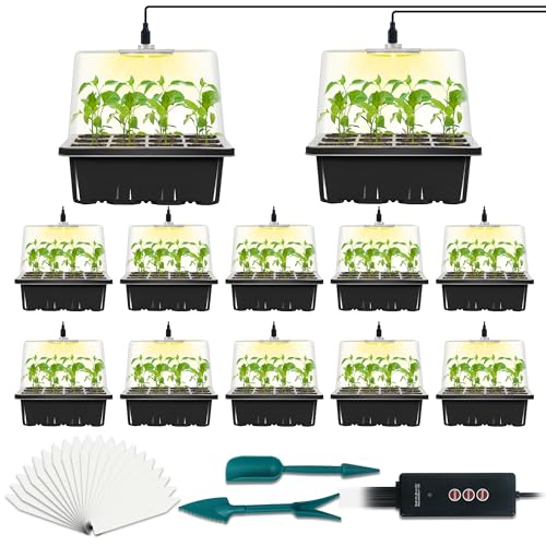 12-Set Seed Starter Tray with Grow Light, Seed Starting Trays Kits with Timing Controller Adjustable Humidity Domes Heightened Lids(12-Cells Per Tray) - color: Black 12-set