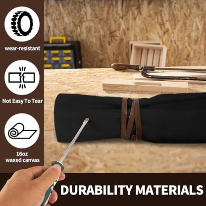 Chisel Roll,Small Tool Roll Pouch,Tool Roll Bag Organizer, Heavy Duty Waxed Canvas Tool Bag, Multi-Purpose Roll-Up Storage Bag for Hand Tools Holder with 6 Pockets Wrench Roll Up Pouch - color: Black