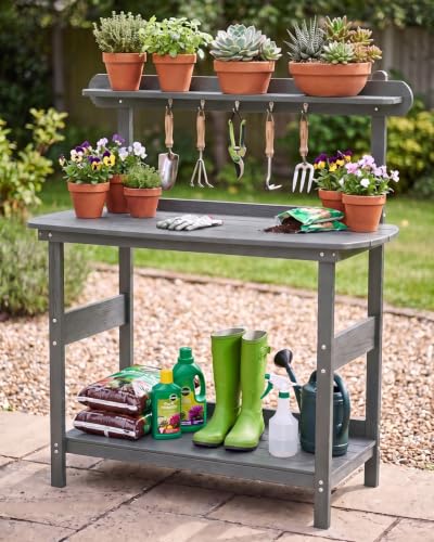 HIPS Outdoor Potting Table Bench with 3-Tier Storage Gray - color: Gray