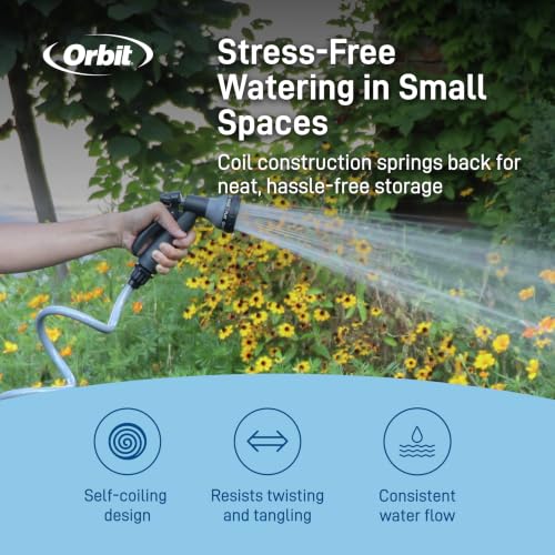 Orbit Coil Garden Hose, 25 ft, with 8-Pattern Nozzle, Gray - 26382 - color: Gray, size: 25 ft