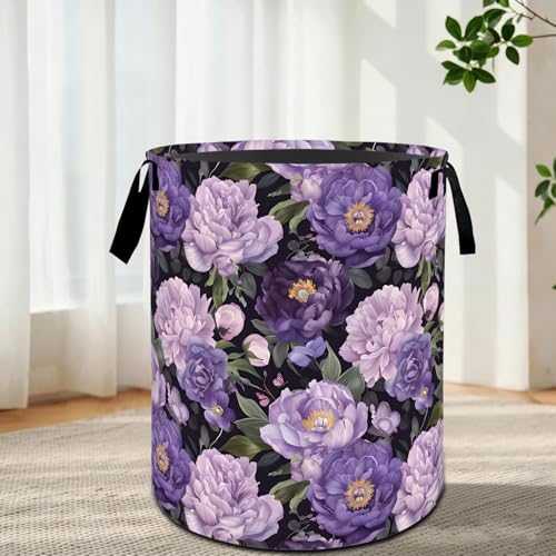 Elegant Peony Laundry Basket with Handles,Purple Floral Botanical Round Waterproof Clothes Storage Baskets,Collapsible Bin for Bedroom Bathroom Dorm Gifts Garden Decor 19.7x15.7 Inch - color: Peony