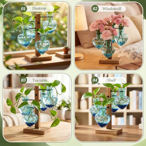 ReliThick Water Plant Propagation Station with 4 Heart Glass Vases Bulb