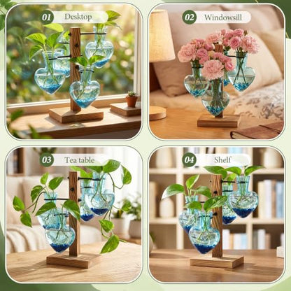 ReliThick Water Plant Propagation Station with 4 Heart Glass Vases Bulb