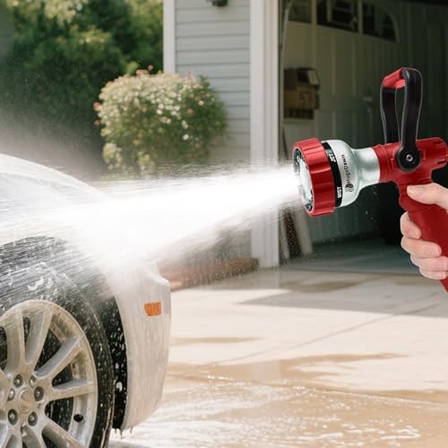 HugeDawn Garden Hose Nozzle, 6 Spray Patterns Heavy Duty Metal Water Nozzle with High Pressure for Watering, Cleaning, Washing (Red) - color: Red