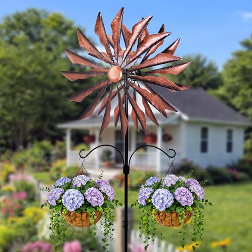 95 Inch Large Wind Spinner Outdoor Metal Garden Stake with Dual Hanging Hooks, Solar Powered Windmill Spinner for Yard & Patio, Heavy Duty Rustproof Kinetic Yard Art with Stable Ground Stake - color: Copper Blade