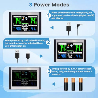 Weather Station Wireless Indoor Outdoor Thermometer, Alarm Clock - color: Black&Silver