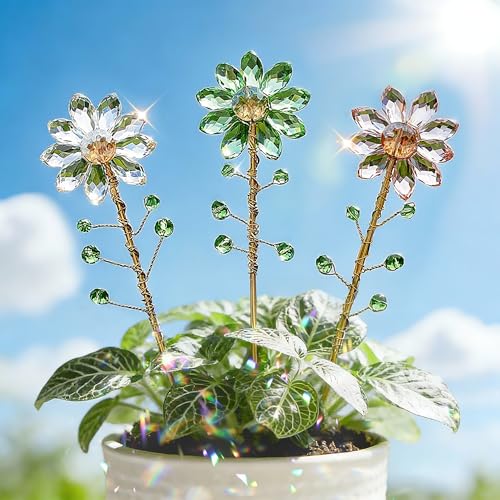 3Pcs Crystal Sunflower Suncatchers with 13'' Gold Trellis Metal Plant Stake - color: Clear, Green, Pink