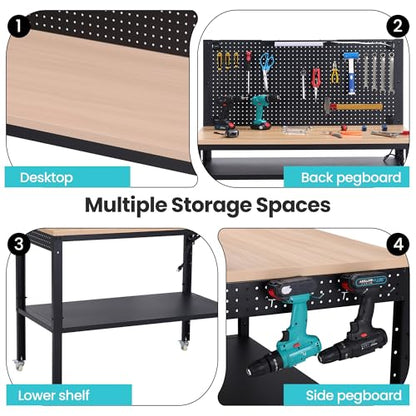 Antifir 48" Adjustable Garage Workbench with Under Shelf & Metal Pegboard - size: 48x24" Double Decked