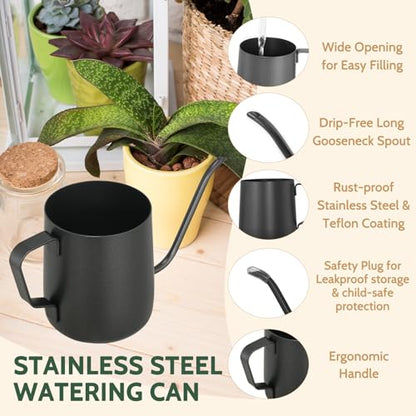 Small Watering Can Indoor Plants 12 OZ Mini Watering Can Stainless Steel - color: Black