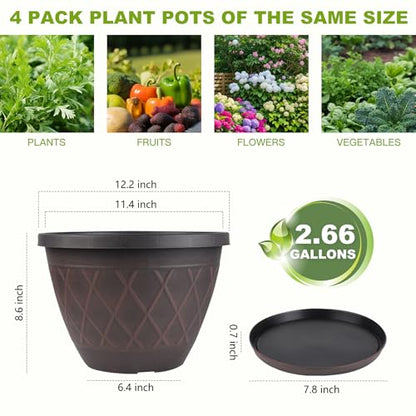 4 Pack 12 Inch Pots for Plants, Plastic Flower Pots with Faux-fence Texture - size: 12 Inch - 4Pack