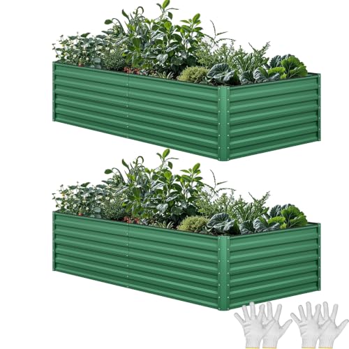 YITAHOME 2pcs 8x4x2ft Galvanized Raised Garden Bed, Metal Planter Box with Safety Rubber, Gloves, Outdoor Flower Bed for Planting Plants Vegetables, Green - color: Green, size: 8x4x2ft 2pcs