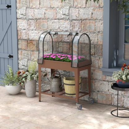 Outsunny Raised Garden Bed with Greenhouse Cover, Lockable Wheels, Brown