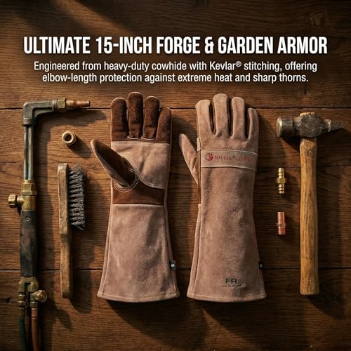 Welding Gloves -Long Sleeve Fireproof and Heat Resistant 15IN M - color: Brown 1 Pair, size: Medium