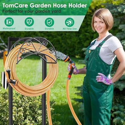 TomCare Garden Hose Holder, Heavy Duty Stand for 160FT Hose with 4 Spikes - color: Black, size: 15.2″ W