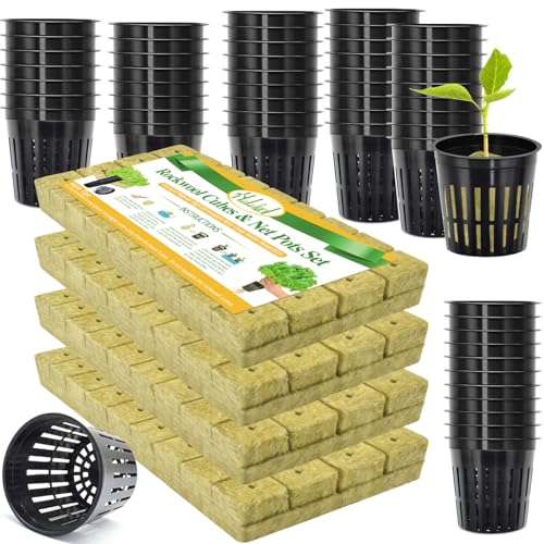 Halatool 144PCS 1.2" Rockwool Cubes & 120PCS 2" Net Cups for Hydroponics - size: 1.2" rockwool-144pcs+2" net cups-120pcs