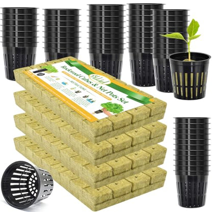 Halatool 144PCS 1.2" Rockwool Cubes & 120PCS 2" Net Cups for Hydroponics - size: 1.2" rockwool-144pcs+2" net cups-120pcs