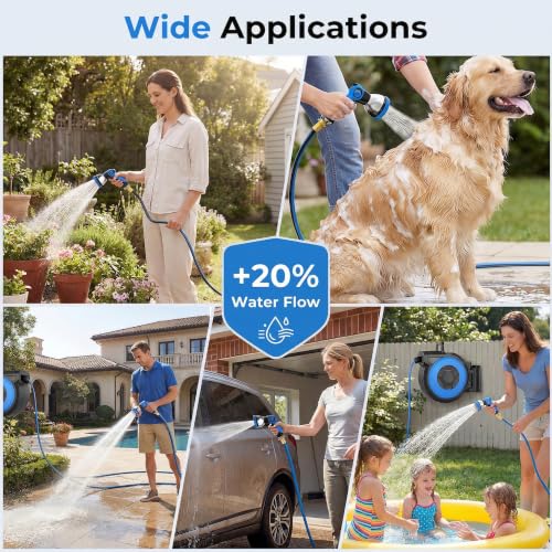 Retractable Garden Hose Reel, 1/2" x 131FT Heavy Duty Automatic Retractable Hose Reel Wall Mount, with 10- Function Sprayer Nozzle, Any Length Lock/Auto Rewind/180°Swivel - size: 130 Ft