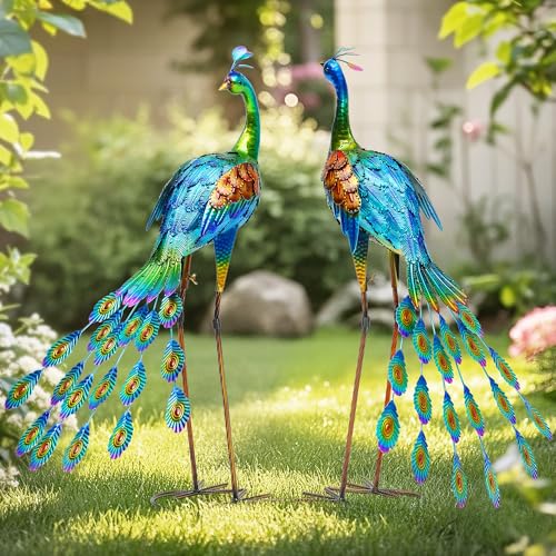 32" Peacock Decor Metal Yard Art Set of 2,Large Outdoor Statue - color: 32" -Green+brown