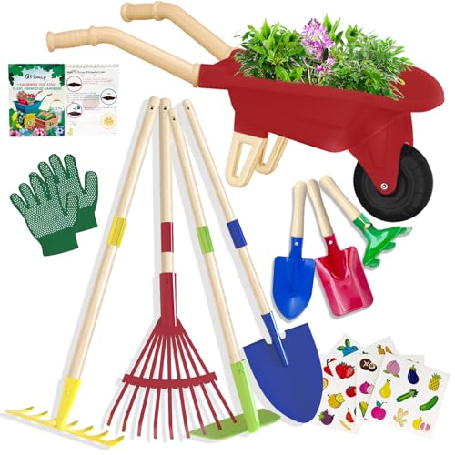 Qtioucp Children Gardening Tools Outdoor Toys Set Backyard Play with Wheelbarrow Educational STEM Learning Pretend Toys Outdoor Indoor for Children Boys Girls (Red Wheelbarrow Set) - color: Red Wheelbarrow Set