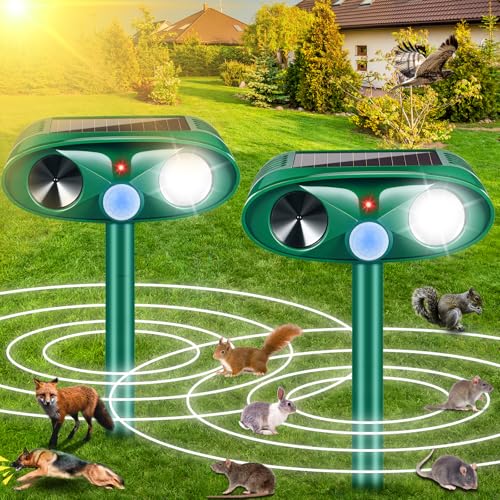 2 Pack Solar Ultrasonic Animal Repeller with USB-C Fast Charge, Double-Sealed IP65 Waterproof Deterrent for Garden, Motion Sensor Deer Cat Dog Skunk Rabbit Raccoon Squirrel Repellent