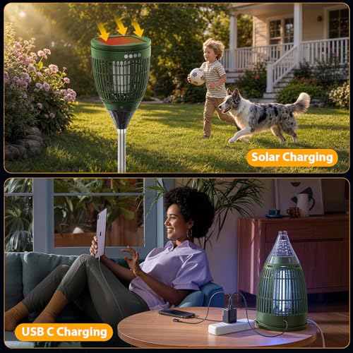 Rossetta Solar Bug Zapper Outdoor, Fly Zapper with Flame & Projector Light - color: Olive Green