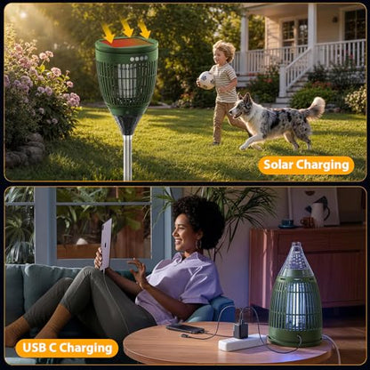 Rossetta Solar Bug Zapper Outdoor, Fly Zapper with Flame & Projector Light - color: Olive Green
