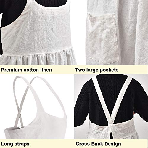 Cotton Linen Apron Cross Back Apron for Women with Pockets Pinafore Dress - color: 2 Pack-red+white