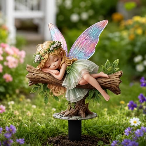 2D Flat Acrylic Sleeping Fairy Garden Stake, Weather Resistant Outdoor Yard Decor, Fairy on Tree Branch with Glowing Wings Print Garden Ornament for Flower Pot, Lawn, Balcony, Garden Decoration Gift - color: Sleeping Fairy
