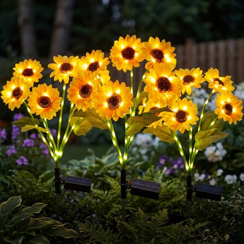 Brightown 3 Pack 6 Head Solar Sunflower Garden Stake Lights Waterproof - color: Sunflowers With 6 Blooms, size: 3 Packs