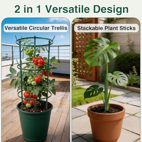 10Pack Stackable Plant Support, 2 in 1 Monstable Plant Stakes & Tomato Cage Kits for Indoor Outdoor Climibing Plants, Durable Alternative to Moss Pole Sticks Trellis for Houseplants Potted - size: 10 Pack
