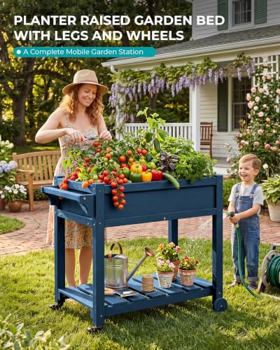 SERWALL Raised Garden Bed on Wheels with Storage Shelf Set of 2,Navy - color: Navy, size: 2 Pack