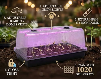 4-Pack 1020 Seed Starter Tray with Grow Light & 6.3" Tall Humidity Dome - size: 4p 1020Trays+6.3''Domes+Lights