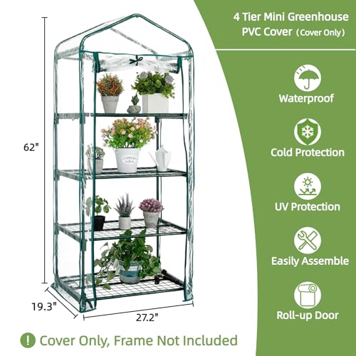 4 Tier Green House Cover - Replacement for Mini Greenhouse Plastic - 27" x19" x62" PVC Cover, Durable & Waterproof (Frame NOT Include)