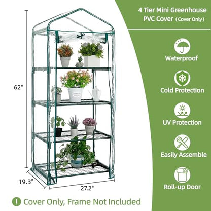 4 Tier Green House Cover - Replacement for Mini Greenhouse Plastic - 27" x19" x62" PVC Cover, Durable & Waterproof (Frame NOT Include)
