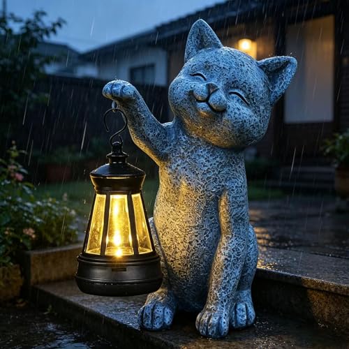 Cat Garden Statue Decorations Outdoor,Solar Resin Figurine with Hanging Lantern Outdoor Decor(cat2) - style: cat2